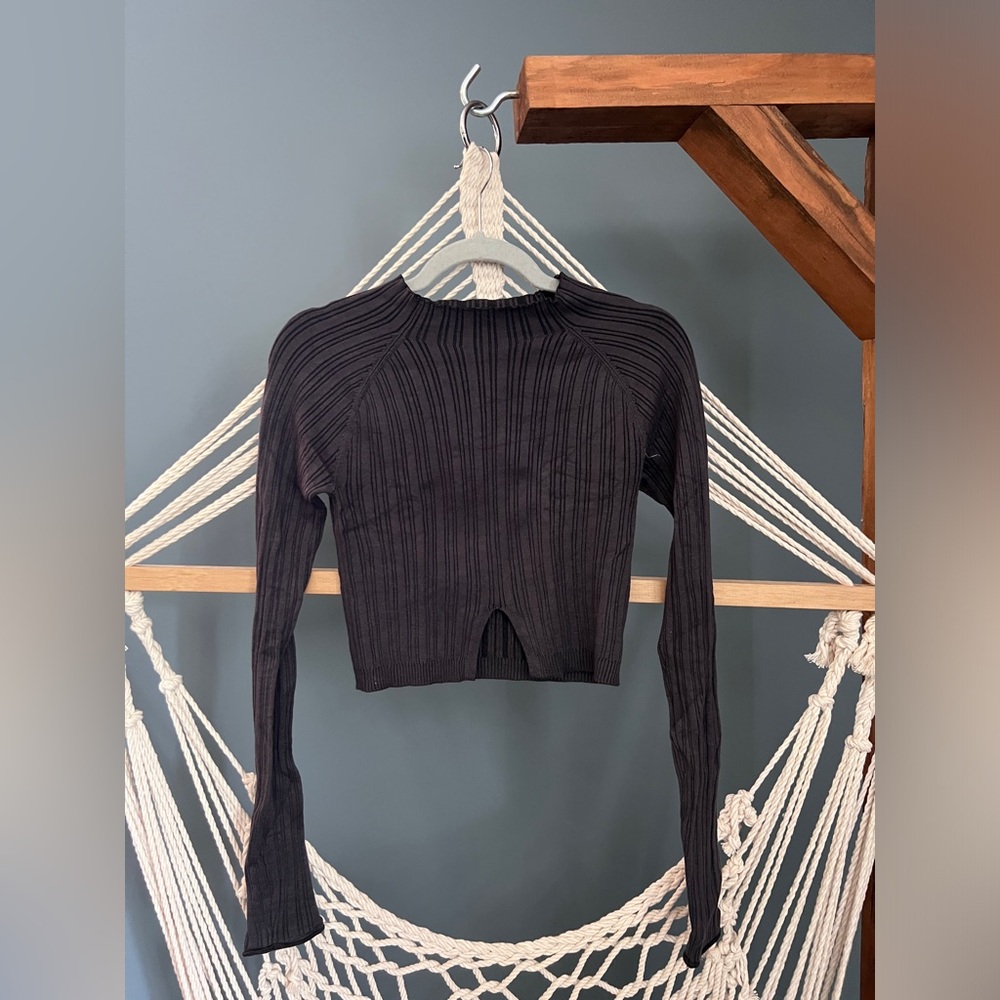 Garage Dark Grey Ribbed Long-sleeve Crop Top